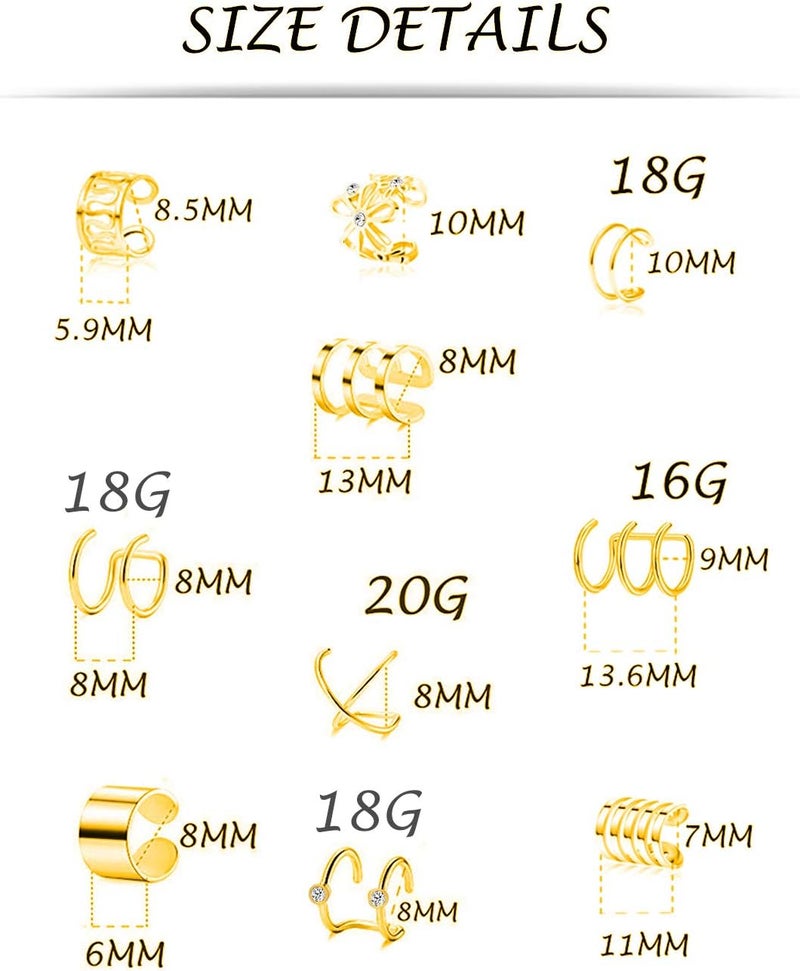 Tornito 4-10 Pairs Stainless Steel Ear Cuff Helix Cartilage Clip On Wrap Earrings Fake Nose Ring Non-Piercing Adjustable - Image 3